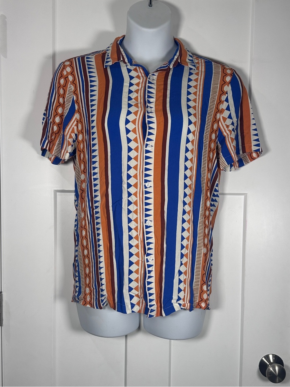 ASOS Men's Short-Sleeve Button-Up Shirt in Blue & Brown Stripe Size M